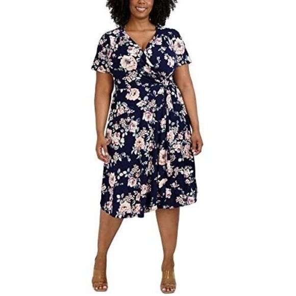 Signature x Robbie Bee Women's Plus Sz 2XL Navy Floral Print Midi Wrap Dress - Picture 11 of 12